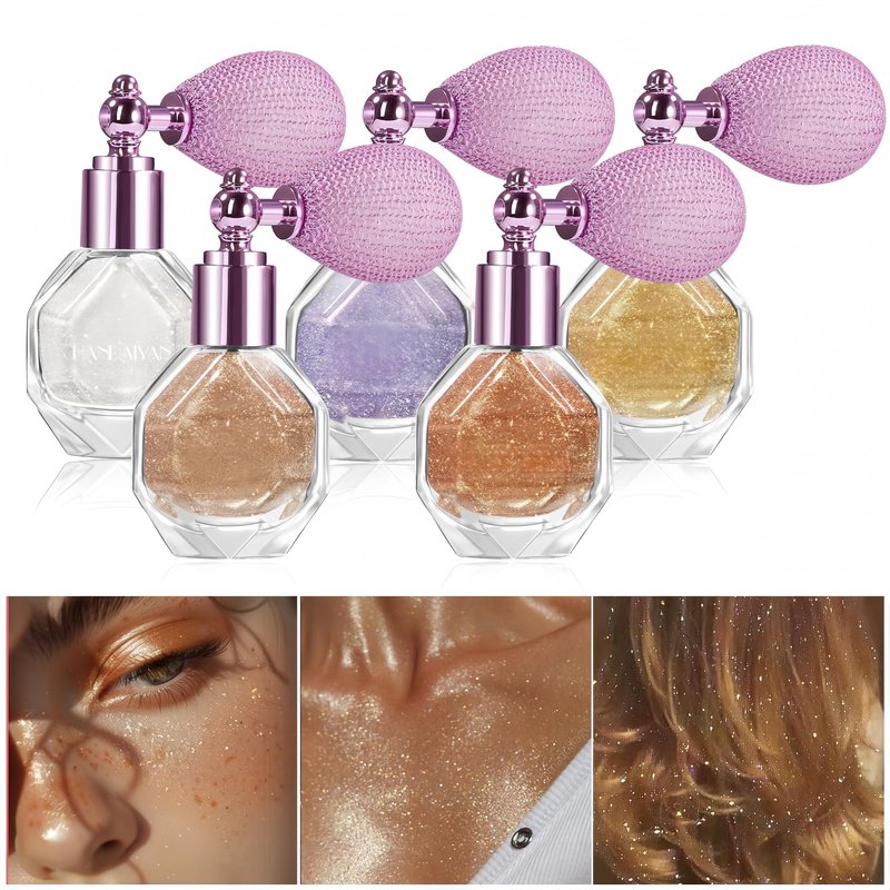 Melemando 5 Colors Shimmering Highlighter Powder Spray, Fine Sparkle Glitter Highlighter Makeup Powder High Gloss Spray for Face Body & Hair(04 Diamond Champagne)
