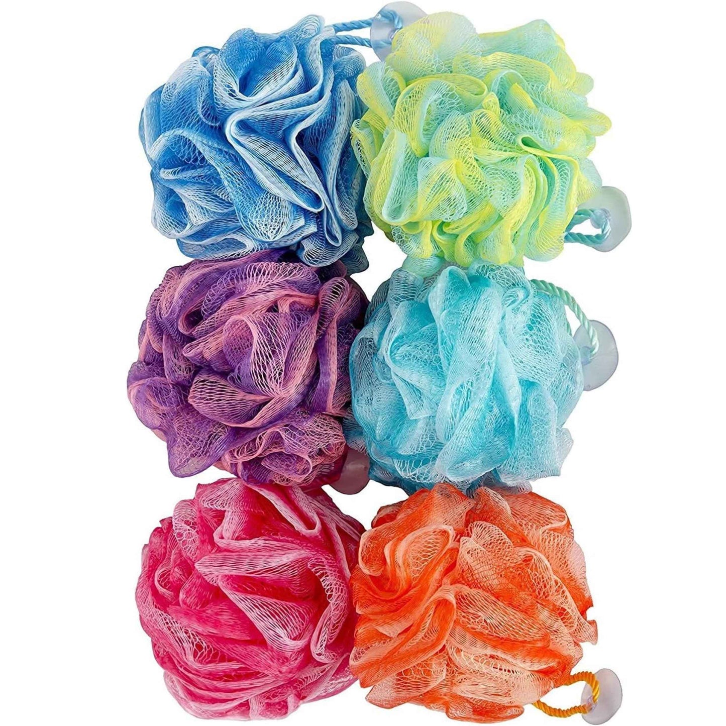 Spa Savvy Bath Loofah Set, 6 Pack Shower Pouf Body Sponges with Suction Cups, Exfoliating Bath Accessories for Men and Women, Multicolor