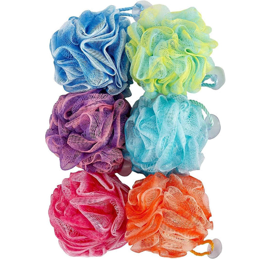 Spa Savvy Bath Loofah Set, 6 Pack Shower Pouf Body Sponges with Suction Cups, Exfoliating Bath Accessories for Men and Women, Multicolor