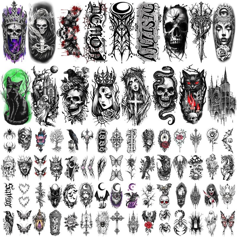 Gothic Temporary Tattoos - 77 Sheets of Waterproof Spider Skull Designs | Realistic Horror Makeup for Adults & Teens