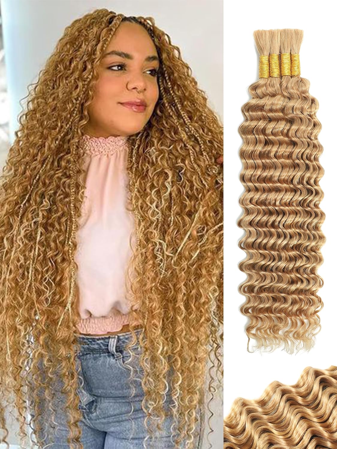 Blonde Human Braiding Hair - 18 Inch Deep Wave Boho Braids | 100g 4 Bundles, No Weft, Color 27