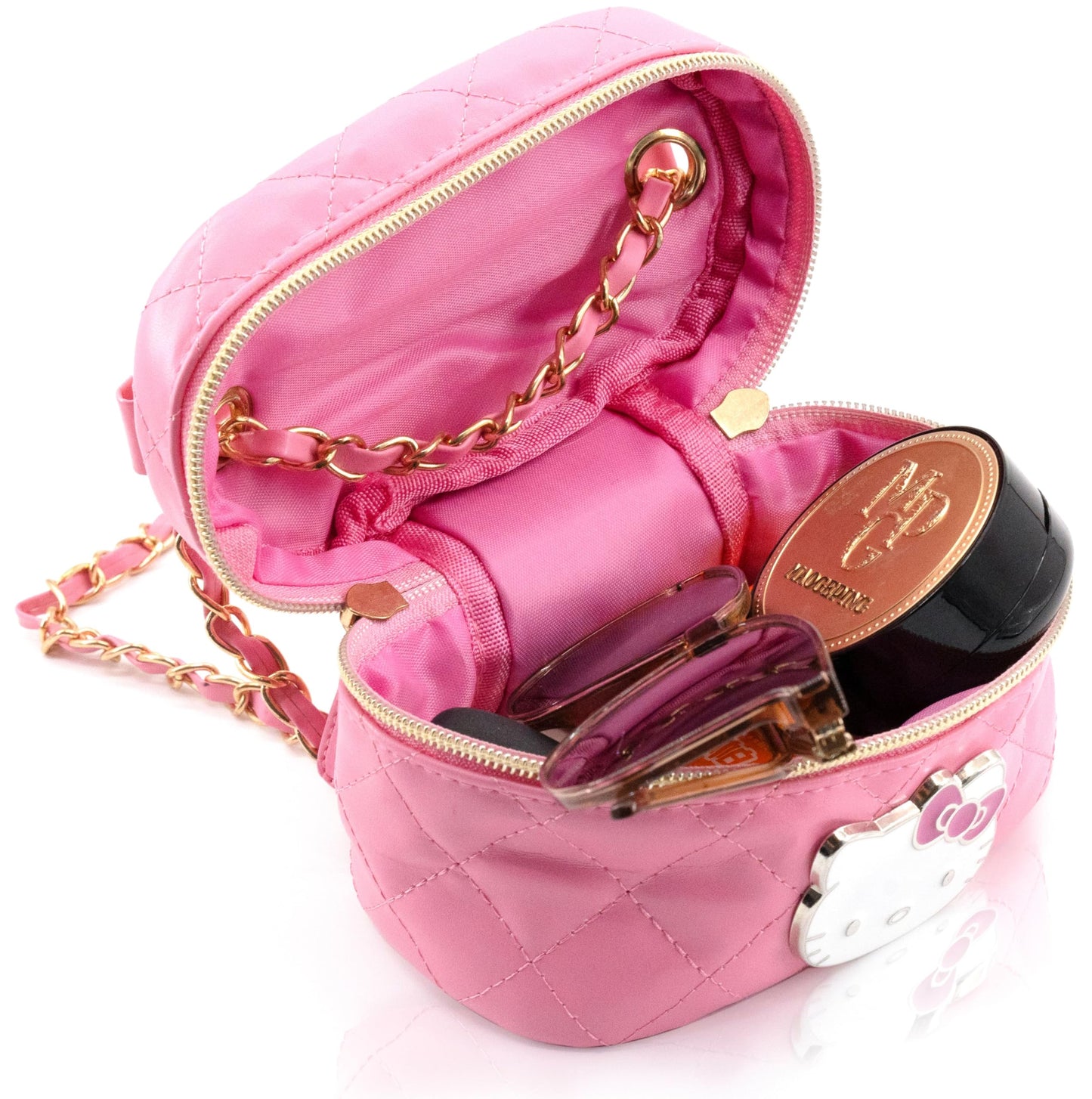 Sanrio Hello Kitty Crossbody Bag for Women | Pink Quilted PU Leather Mini Purse with Gold Chain Strap | Cute Hello Kitty Handbag, Top Handle Bowler Bag, Y2K Kawaii Aesthetic for Teens, Girls