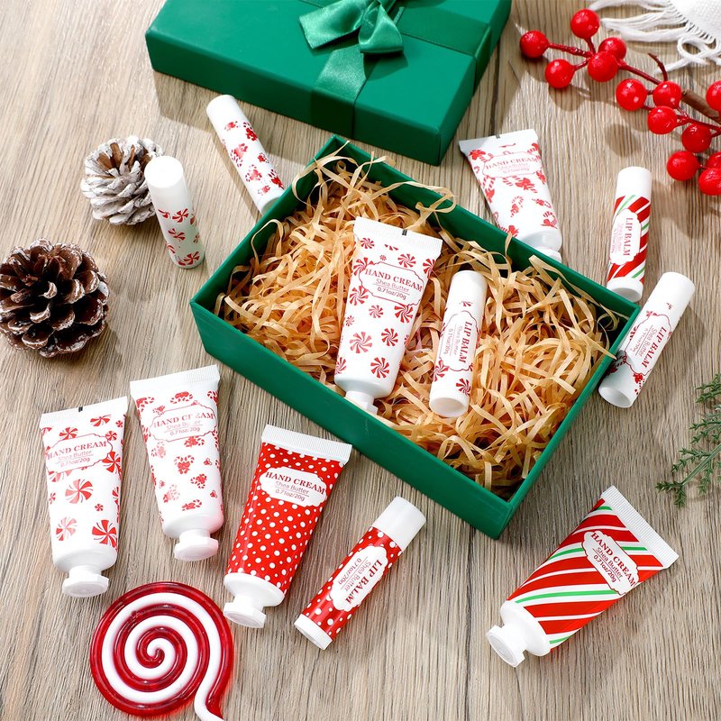 Leelosp 24 Pcs 12 Sets Christmas Hand Cream and Lip Balm Gift Set Bulk Mini Travel Size Lotion and Lip Balm with Peppermint Candy Theme Xmas Stocking Stuffers Thank You Gift for Women Staff Coworker