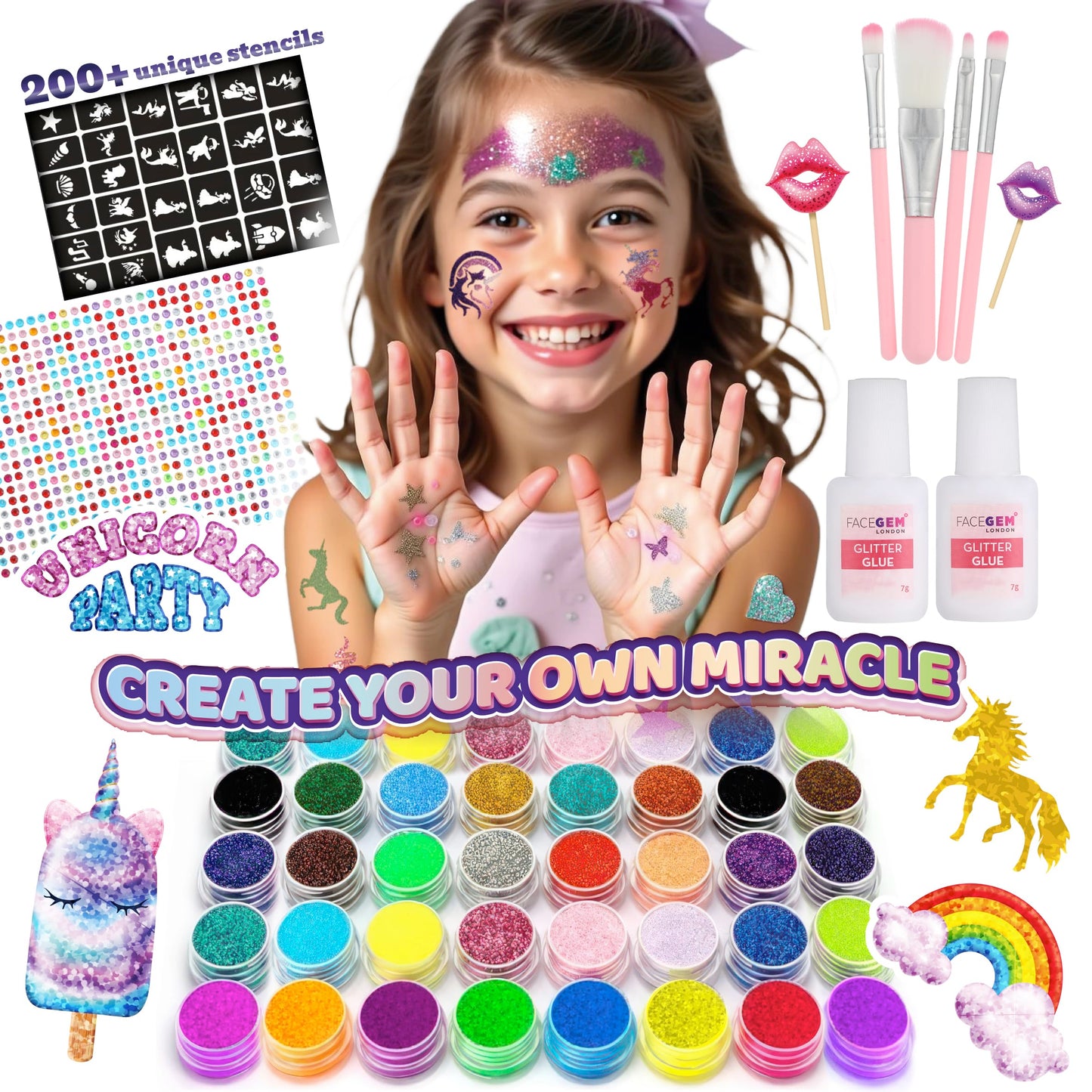 40 Colour - Glitter Tattoos for kids, Glitter tattoo kit, Temporary Tattoos for kids, Face glitter, 200+ Stencils, 40 Colour (10 neon), Rhinestones, Girls birthday present, Face Glitters