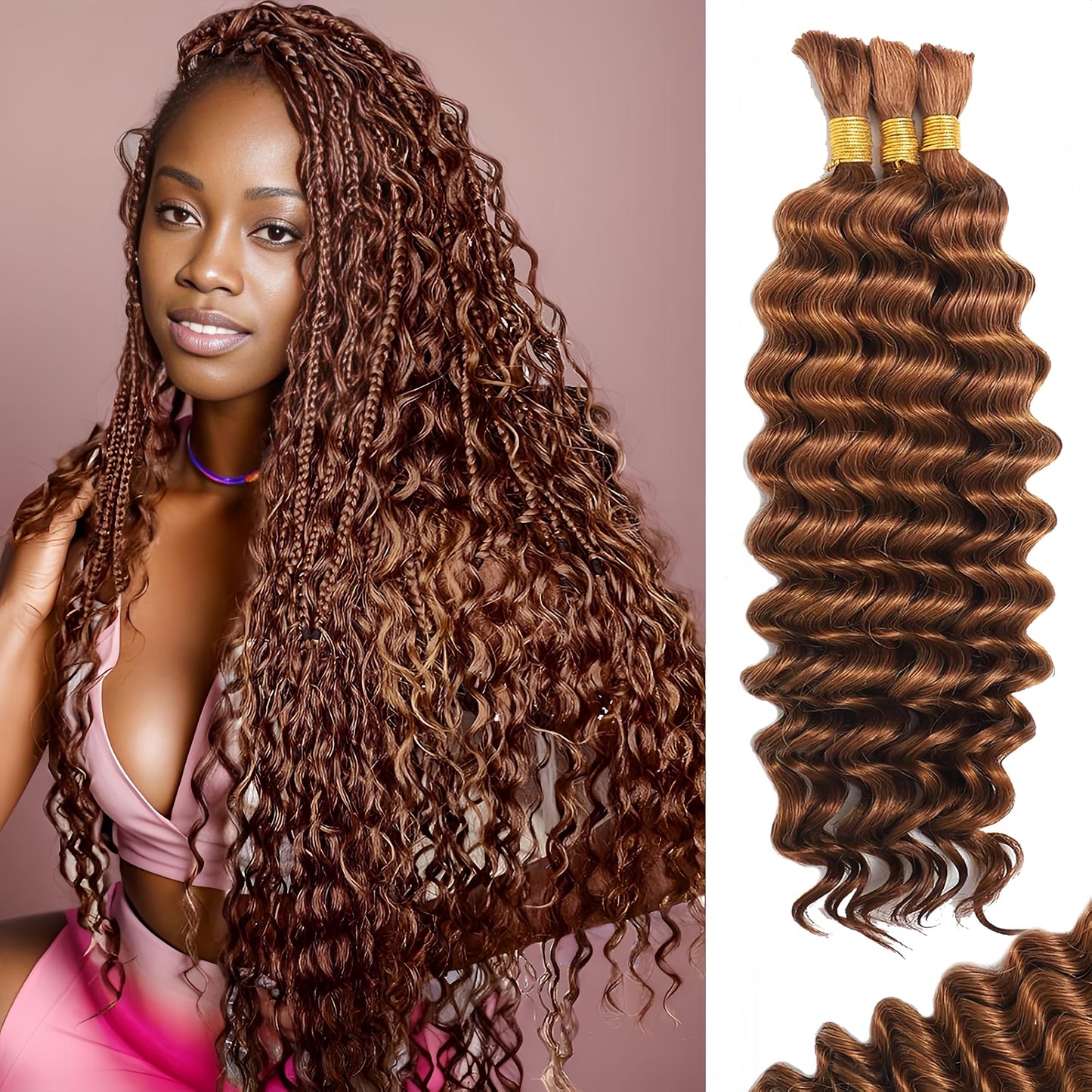Human Braiding Hair for Boho Braids 120g 20 Inch 12A Deep Water Wave Bulk Human Hair Knotless Boho Braiding Curly 100% Virgin No Weft Extensions Bohemian Braids 3 Bundles/Pack Natural Color