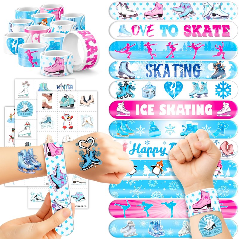 72PCS Ice Skating Party Set - 48PCS Temporary Tattoos & 24PCS Slap Bracelets - Fun Winter Sports-Themed Birthday Supplies, Baby Shower Gifts, Classroom Rewards & Party Decor for Kids (Boys & Girls)