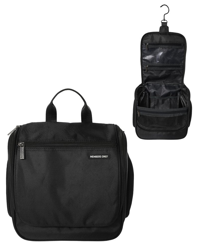 Members Only Hanging Toiletry Bag with Rotating Hook, Black Toiletry Organizer, Bathroom Bag