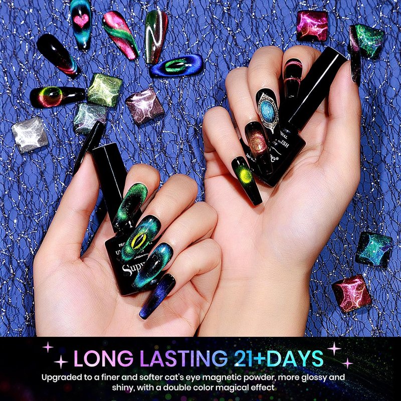 Cat Eye Gel Nail Polish Set - 12 Colors 9D Magnetic Nail Art | DIY Home Manicure Kit with Black Gel & Lamp