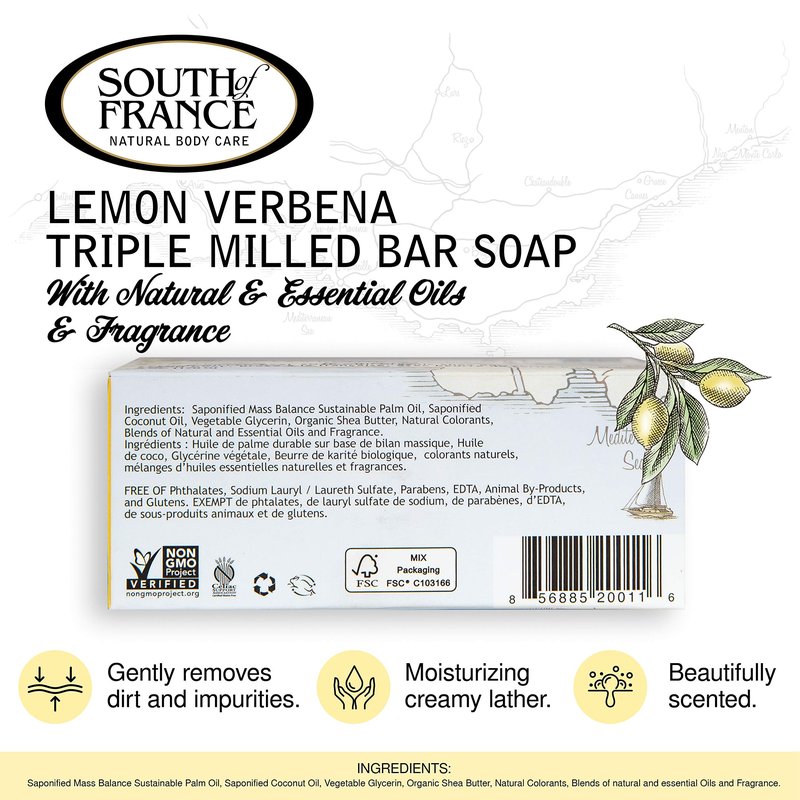 Lemon Verbena Clean Bar Soap by South of France Clean Body Care Triple-Milled French Soap with Organic Shea Butter + Essential Oils Vegan, Non-GMO Body Soap 6 oz Bar 4 Pack