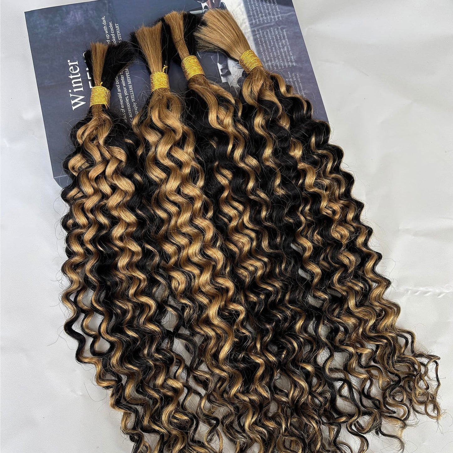 Boho Human Hair for Braiding Curly #1B/27 Highlight Honey Blonde Human Hair for Boho Braids Two Bundles 100G No Weft Water Wave Bundles Natural Black and Blonde Highlight Curly Braiding Hair 18 Inch