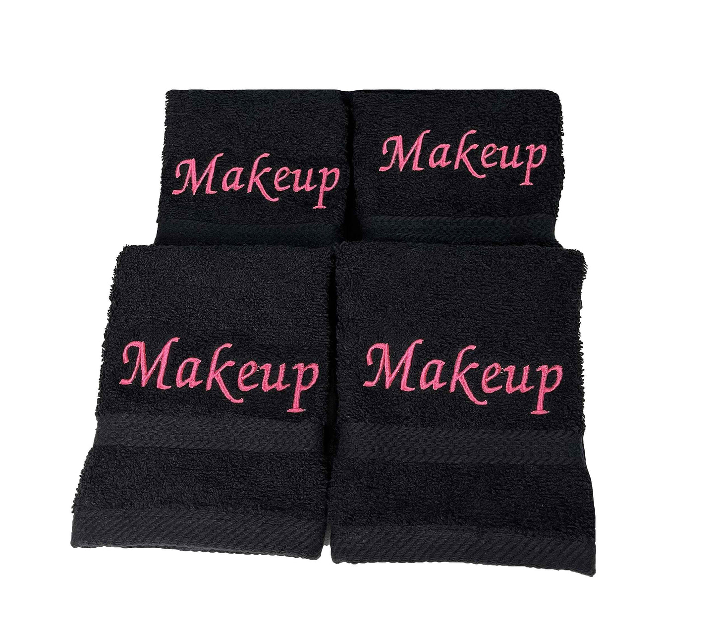 Liberty21 Makeup Embroidered Towel Set for face. 100% Soft Cotton. Facial Makeup Remover Washcloths. Reusable Face Towel Set of Four. (Black & Pink Embroidery)
