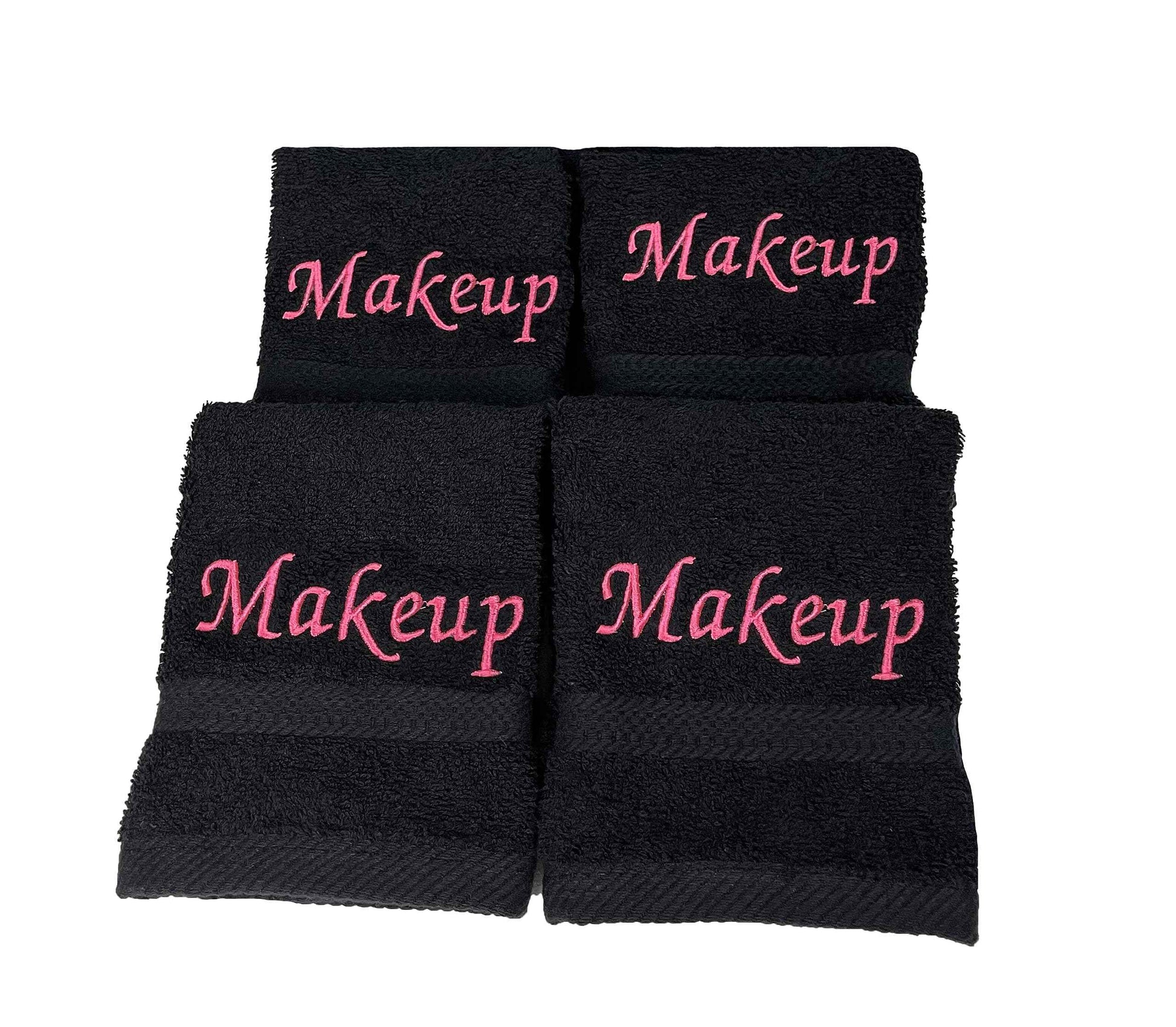 Liberty21 Makeup Embroidered Towel Set for face. 100% Soft Cotton. Facial Makeup Remover Washcloths. Reusable Face Towel Set of Four. (Black & Pink Embroidery)