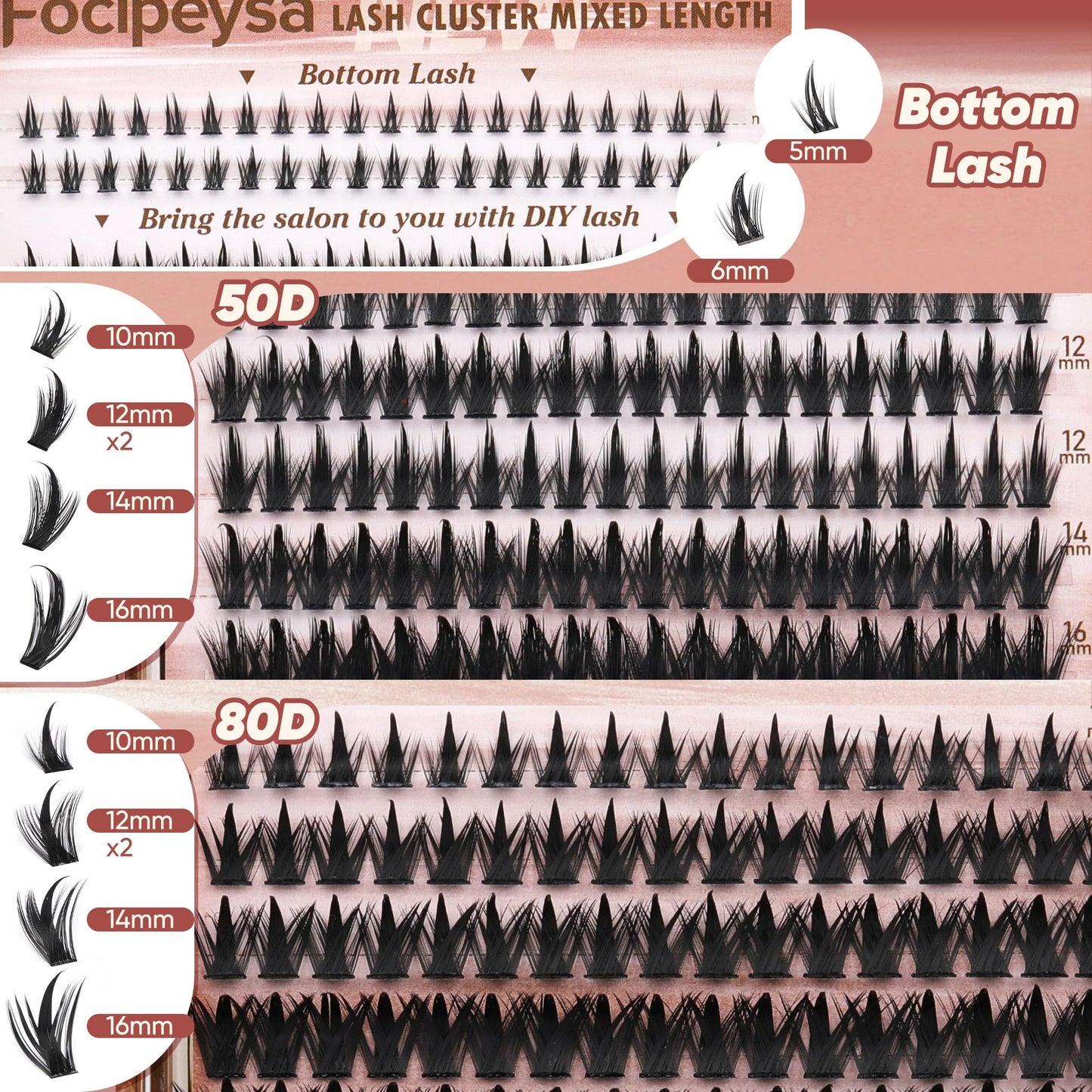 Focipeysa Wispy Lash Clusters Kit Spike Lash Extensions Kit 50D 80D Cluster Lashes Kit 10-16mm Clusters Lash Extension Manga Wispy Individual Eyelashes Extension DIY Salon Effect Lash Extension