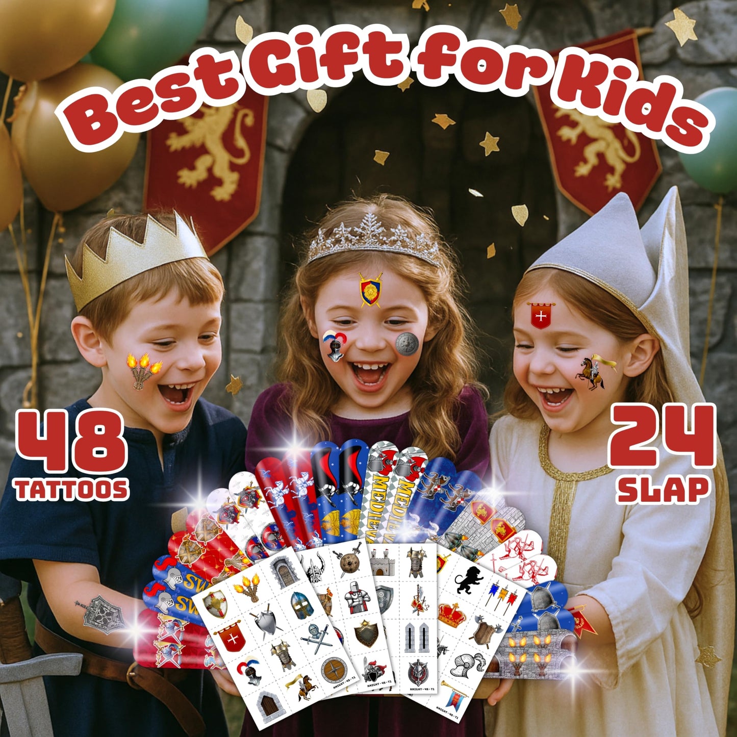 72PCS Medieval Knight Party Set - 48PCS Temporary Tattoos & 24PCS Slap Bracelets - Fun Castle-Themed Birthday Supplies, Baby Shower Gifts, Classroom Rewards & Party Decor for Kids