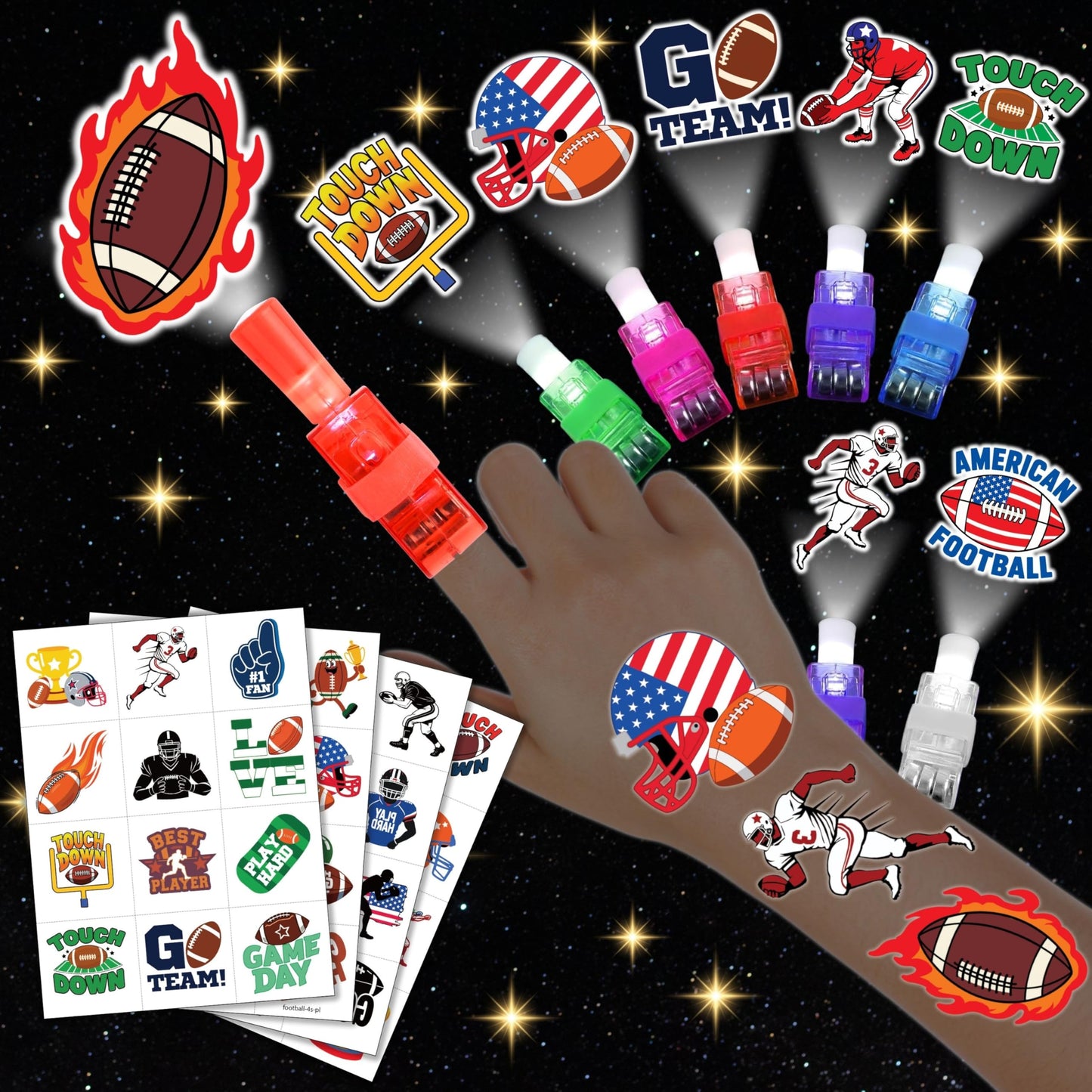 72 PCS Football Party Favors – 48 PCS Tattoos & 24 PCS LED Finger Lights Combo – Birthday Goodie Bag Fillers, Party Supplies, Gifts Light Up Toys Glow In The Dark for Boys and Girls (Football)