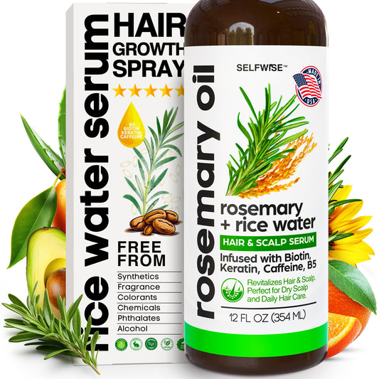 Rosemary Oil and Rice Water Hair Growth Spray - Serum with Biotin, Keratin, Caffeine, Vitamins C & B5 for Hair Mask, Hair Care, Scalp Treatment, Thickening Dry Damaged Hair for Women & Men 12oz