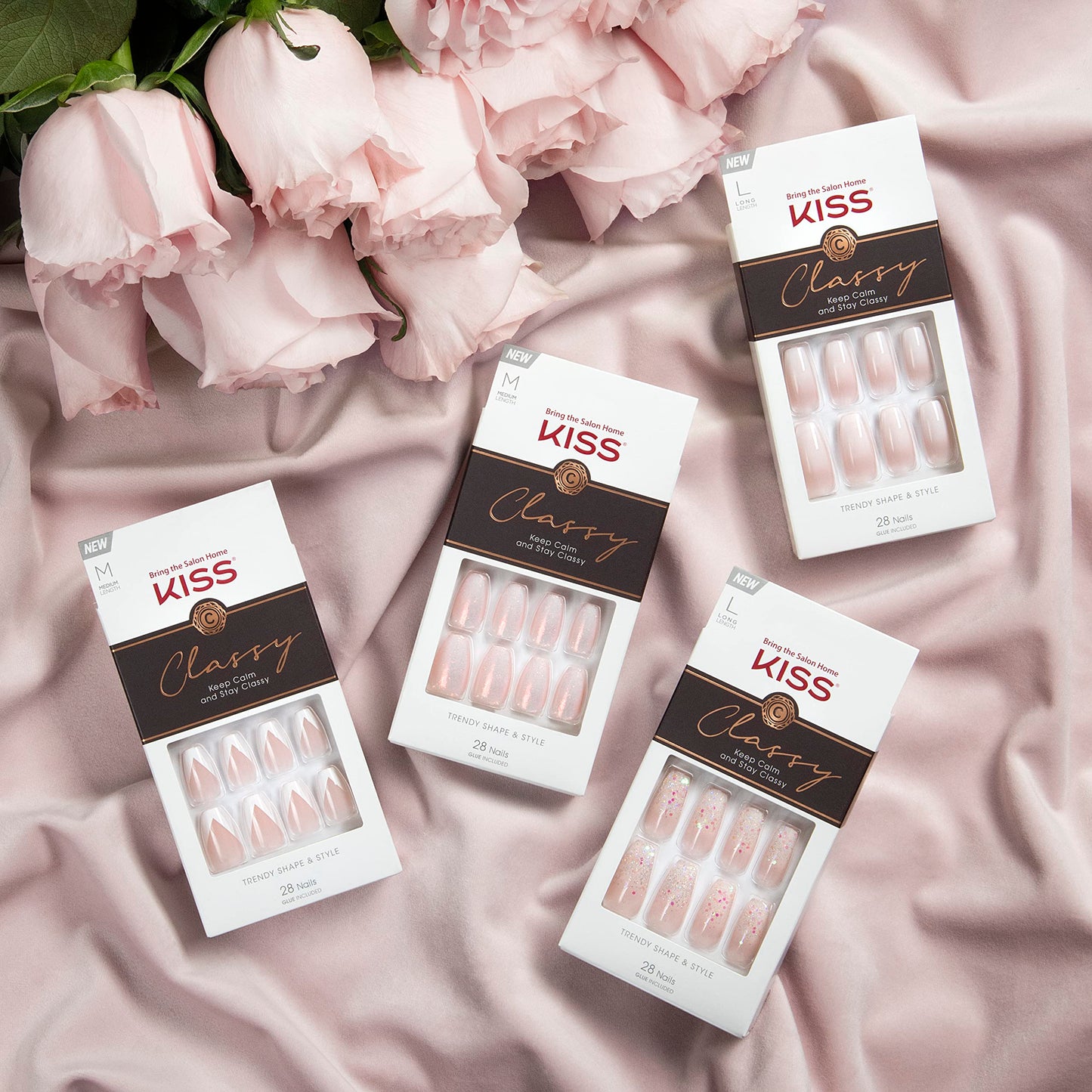 KISS Classy French Nail Manicure Kit with Gel Finish,Medium, Coffin Shaped, Includes Pink Nail Glue (Net Wt. 2 g / 0.07oz.), Mini Nail File,Manicure Stick,and 28 Fake Nails,Cozy Meets Cute', 28 Count