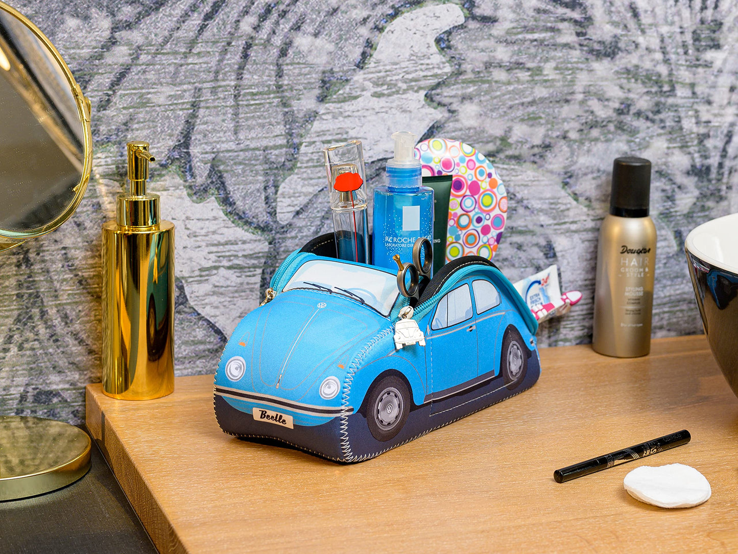 BRISA VW Collection - Volkswagen Neoprene Universal Makeup Cosmetics Toiletry Travel Pharmacy Bag in Beetle Design (Light Blue/Large)