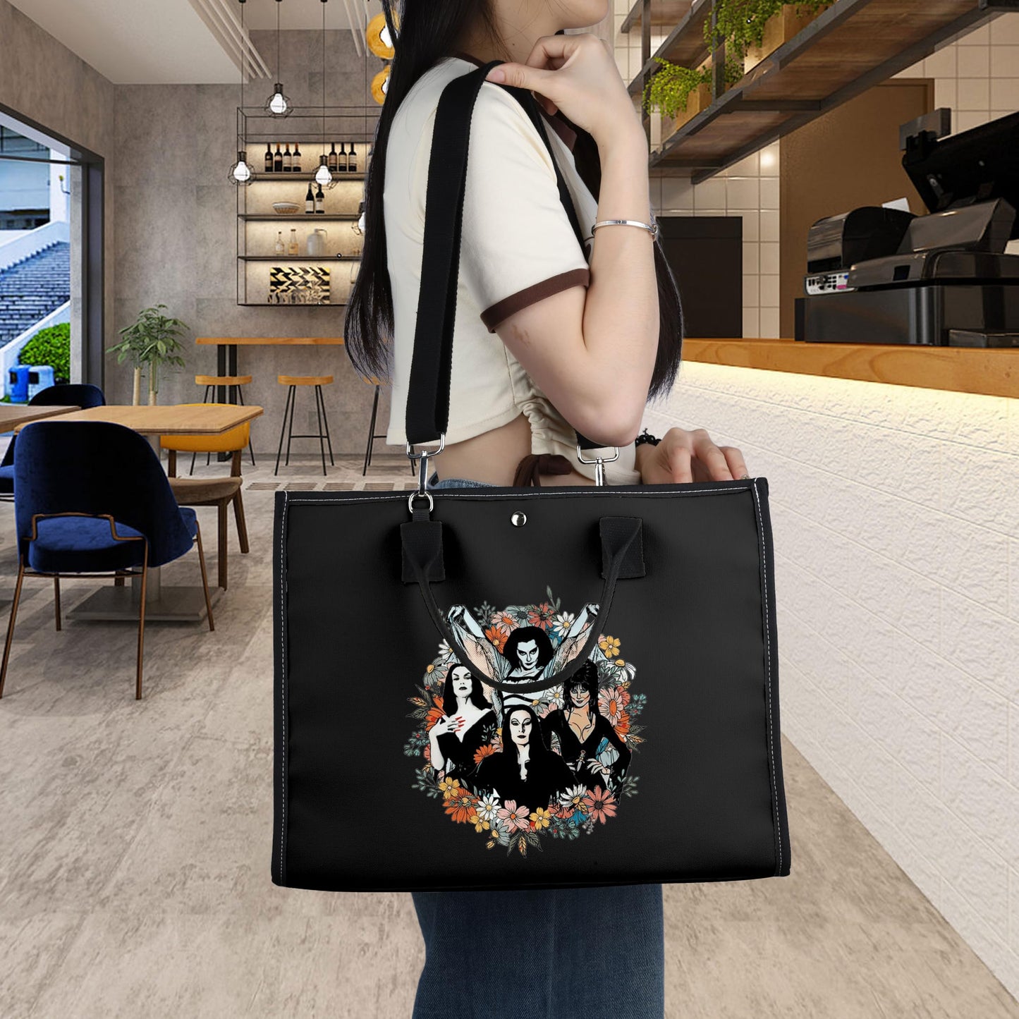 WZMPA Goth Queens With Flowers Cosmetic Bag Lily & Morticia & Vampira Fans Gifts Ghoul Gang Makeup Zipper Pouch Bag (Goth Queens TB-BL)