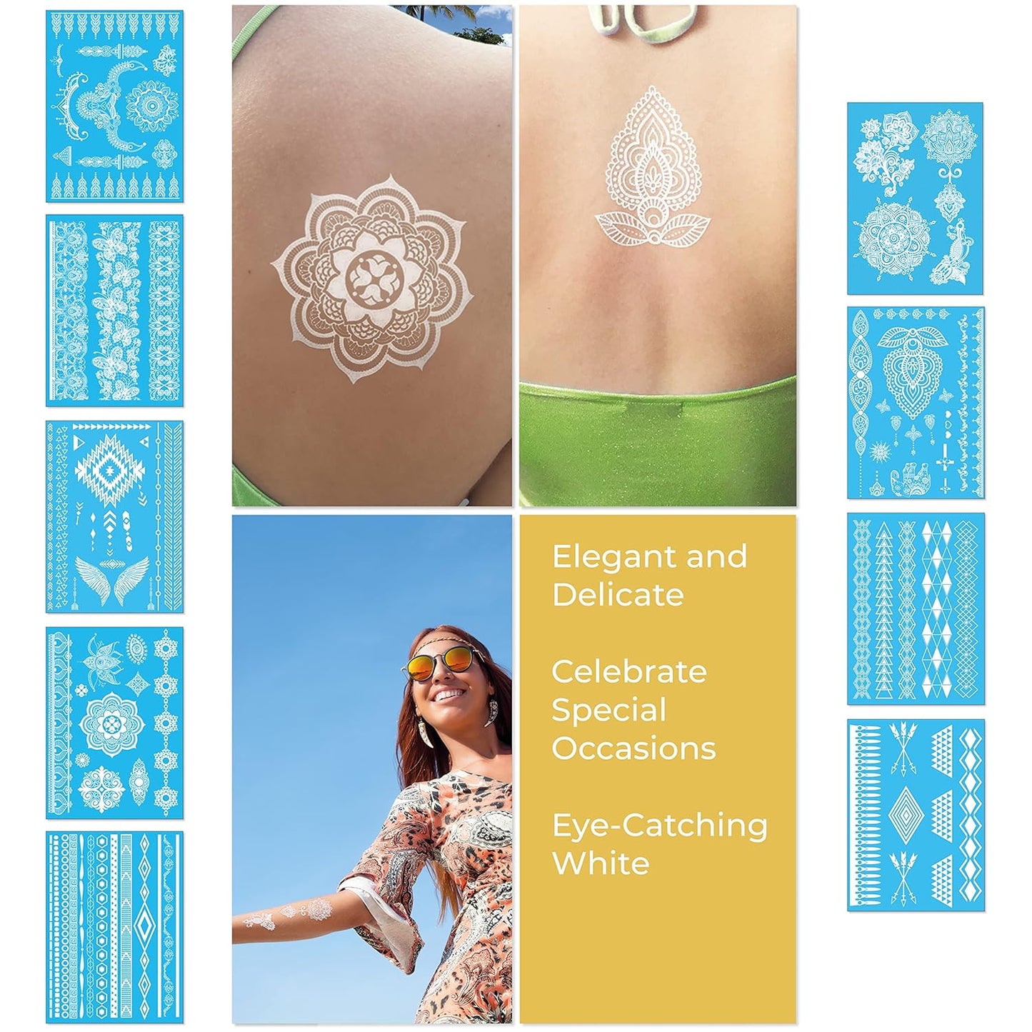 White Lace Temporary Tattoos - 9 Sheets of Realistic Waterproof Stickers for Brides & Teens | Elegant Jewelry Designs