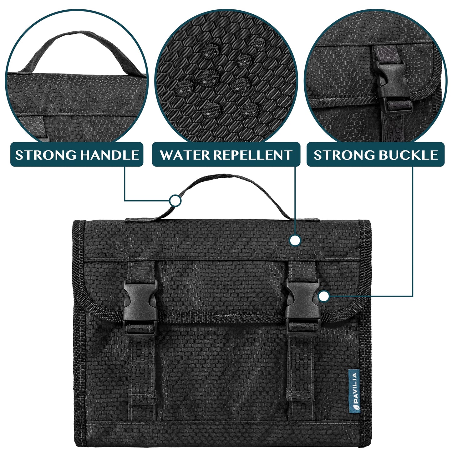 PAVILIA Travel Hanging Toiletry Bag for Women Men, Extra Large Capacity Makeup Bag Kit, Waterproof Cosmetic Storage Organizer Case for Bathroom Shower, Black