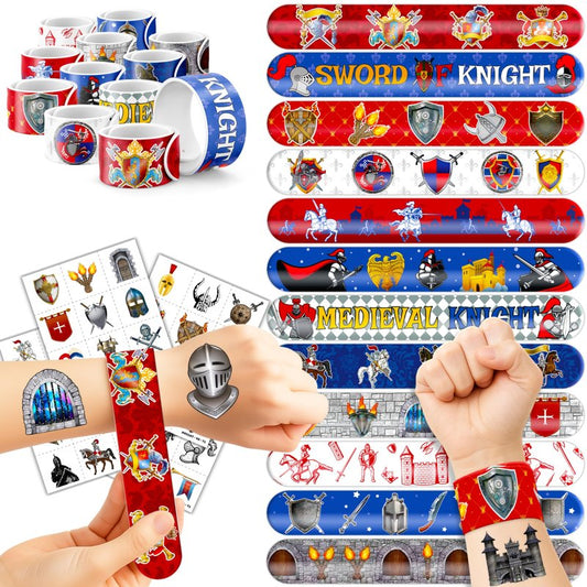 72PCS Medieval Knight Party Set - 48PCS Temporary Tattoos & 24PCS Slap Bracelets - Fun Castle-Themed Birthday Supplies, Baby Shower Gifts, Classroom Rewards & Party Decor for Kids