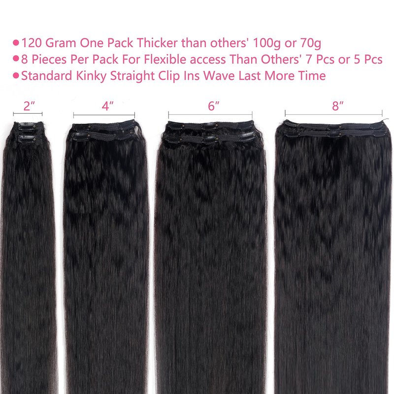 Kinky Straight Clip in Hair Extensions Real Human Hair Clip ins Natural Black Double Weft Clip ins for Women 12 Inch 120g 8pcs Kinky Straight Clip on Extensions Human Hair #1B Natural Color