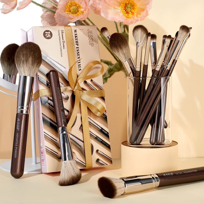 Jessup Makeup Brushes Set 15pcs Brown Make up Brushes Set Professional Premium Synthetic Foundation Eyebrow Concealer Blush Eyeshadow Contour Eyeliner Powder Blending Highlighter Brush, T498