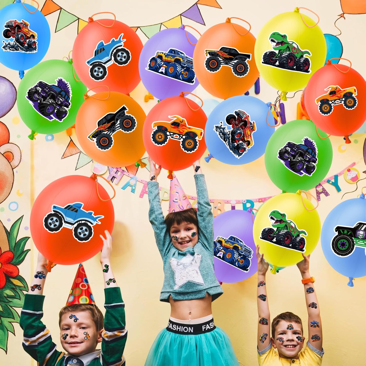 72 PCS Monster Truck Party Favors – 48 Pre-Cut Temporary Tattoos & 24 Punch Balloons Themed Birthday Party Decorations Supplies Favors Gifts Goodie Bag Fillers Classroom Rewards for Boys Girls
