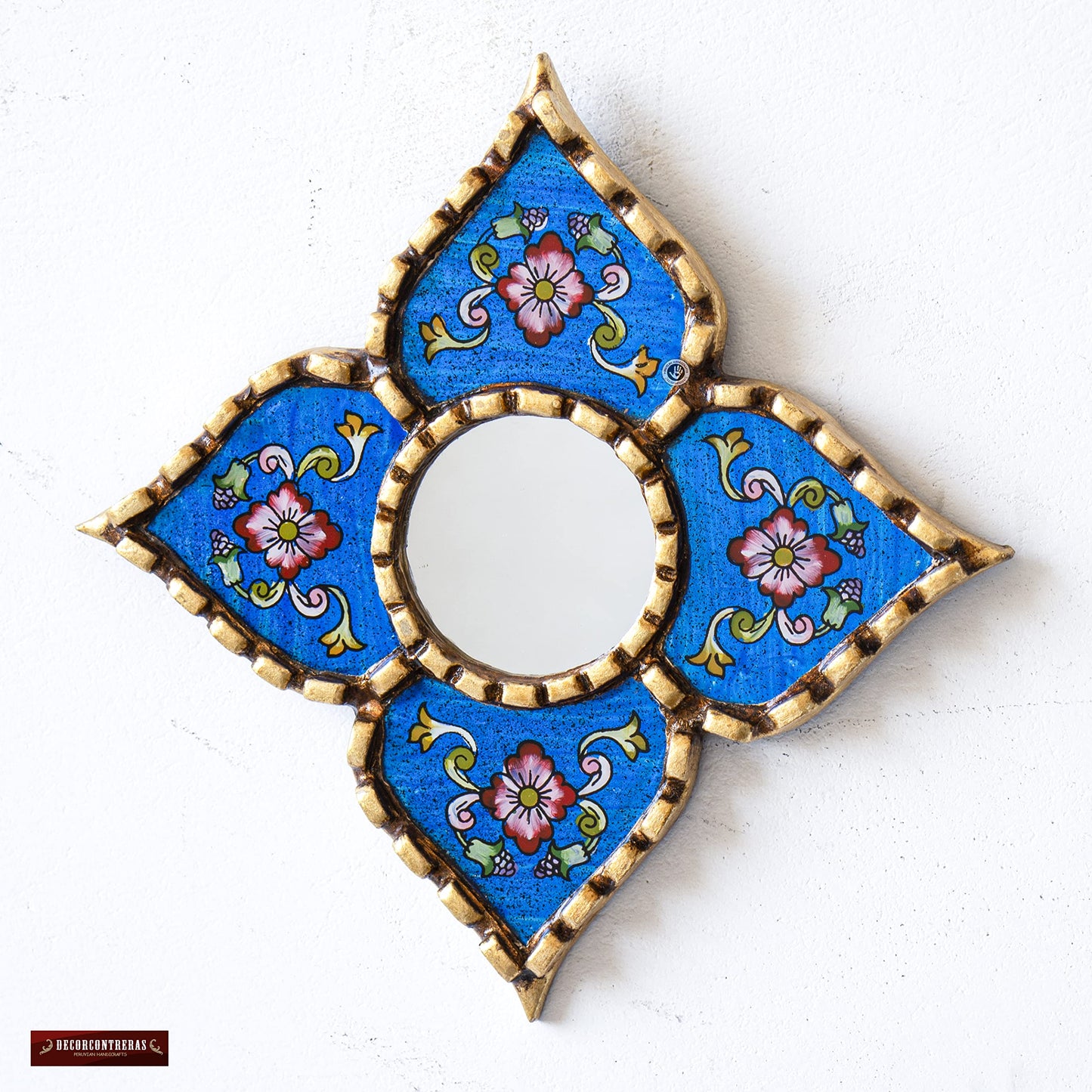 DecorContreras Peruvian Painted Glass Mirror with Bronze Leaf Framed - Handmade Diamond Mirror 6in for Gallery wall (Blue)