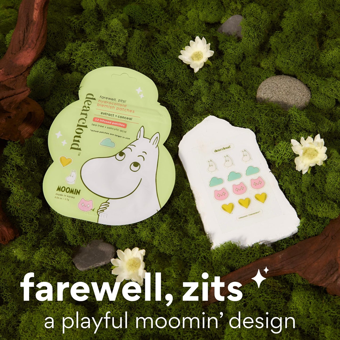 dearcloud Moomin Hydrocolloid Blemish Patches - 36 Count - Pimple Patches for Face, Acne Spot Treatment With Tea Tree Oil & Salicylic Acid (Farewell, Zits!)