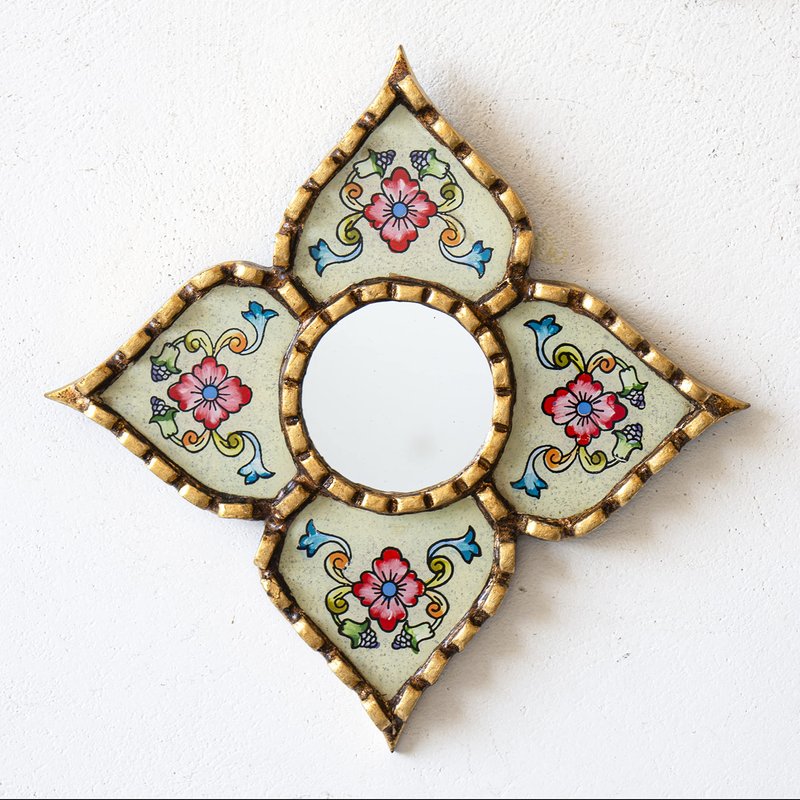 DecorContreras Small Peruvian Mirror, Handmade Artisan Mirror Wall Decor, Reverse Painted Glass Diamond Shape Mirrors 8.26" (Beige)