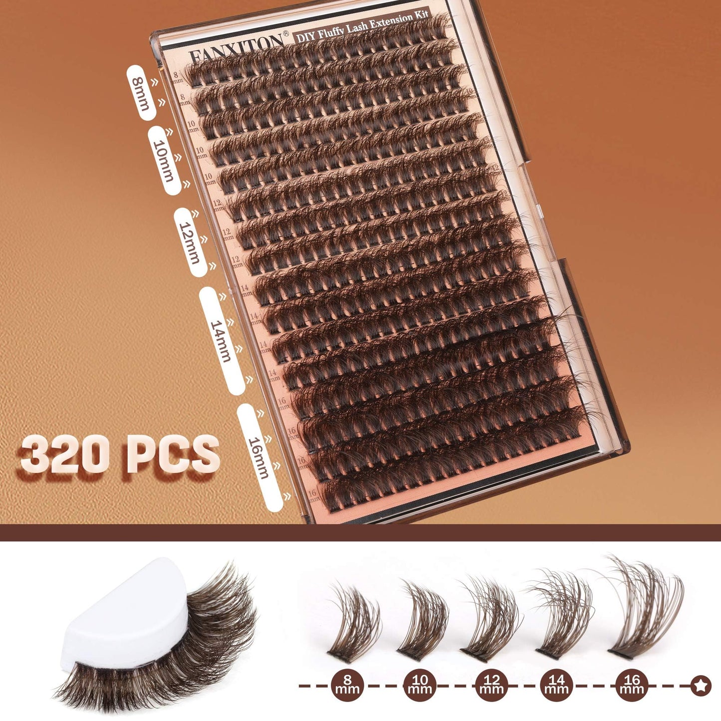 Brown Lash Clusters 320 Pcs Lash Extension Kit DIY Eyelash Extensions Kit Natural Look Cluster Lashes D 8-16 MM Mixed Lash Bond and Seal Lash Tweezers for Lash Clusters Kit DIY at Home
