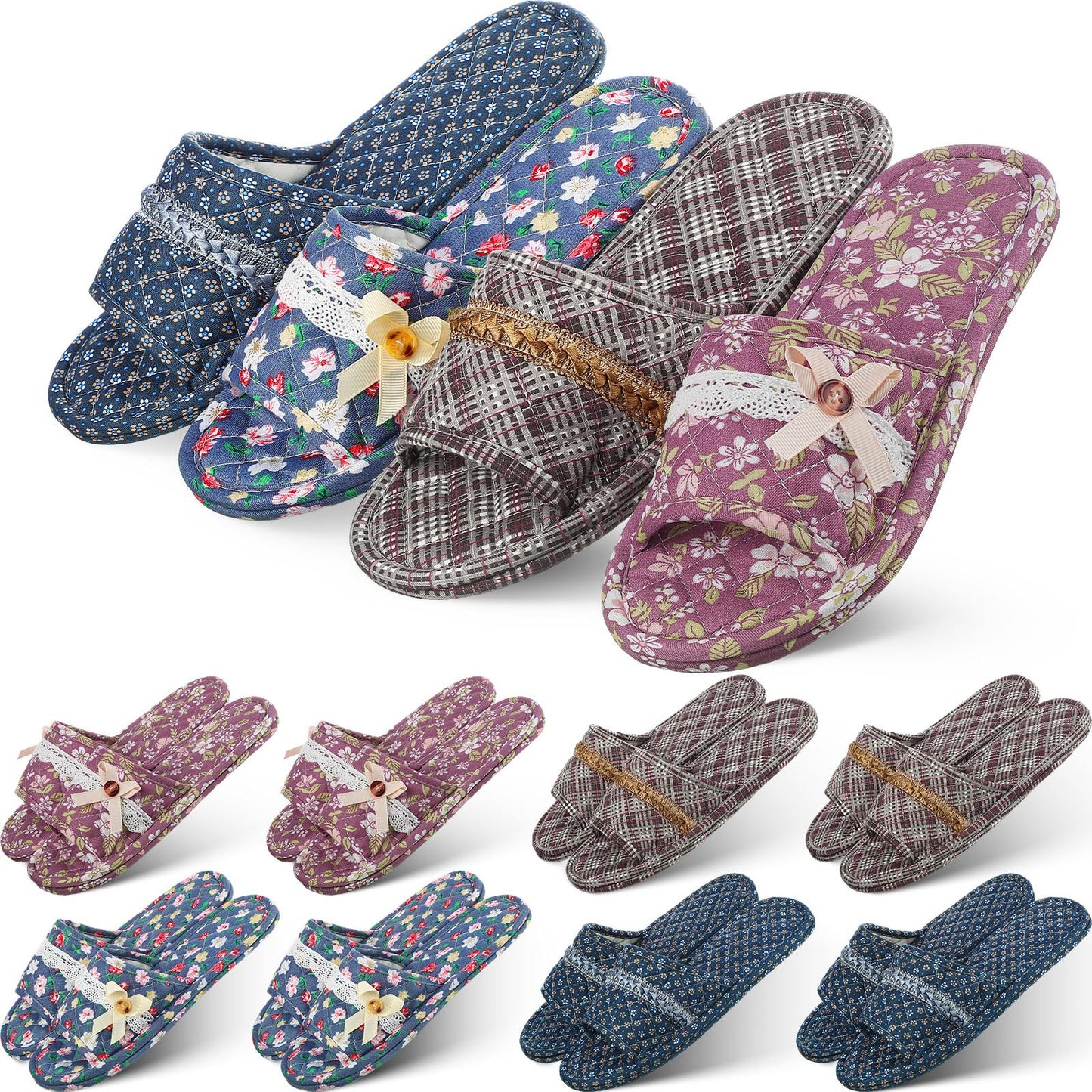 Mepase 8 Pairs Cotton House Indoor Slippers for Guests Washable Home Open Toe Floral Slippers for Women Men