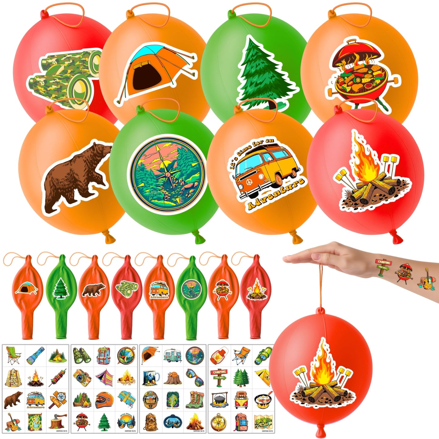 72 PCS Camping Party Favors for Kids – 48 Pre-Cut Temporary Tattoos & 24 Camping Punch Balloons Themed Birthday Party Decorations Supplies Favors Gifts, Goodie Bag Fillers, Classroom Rewards