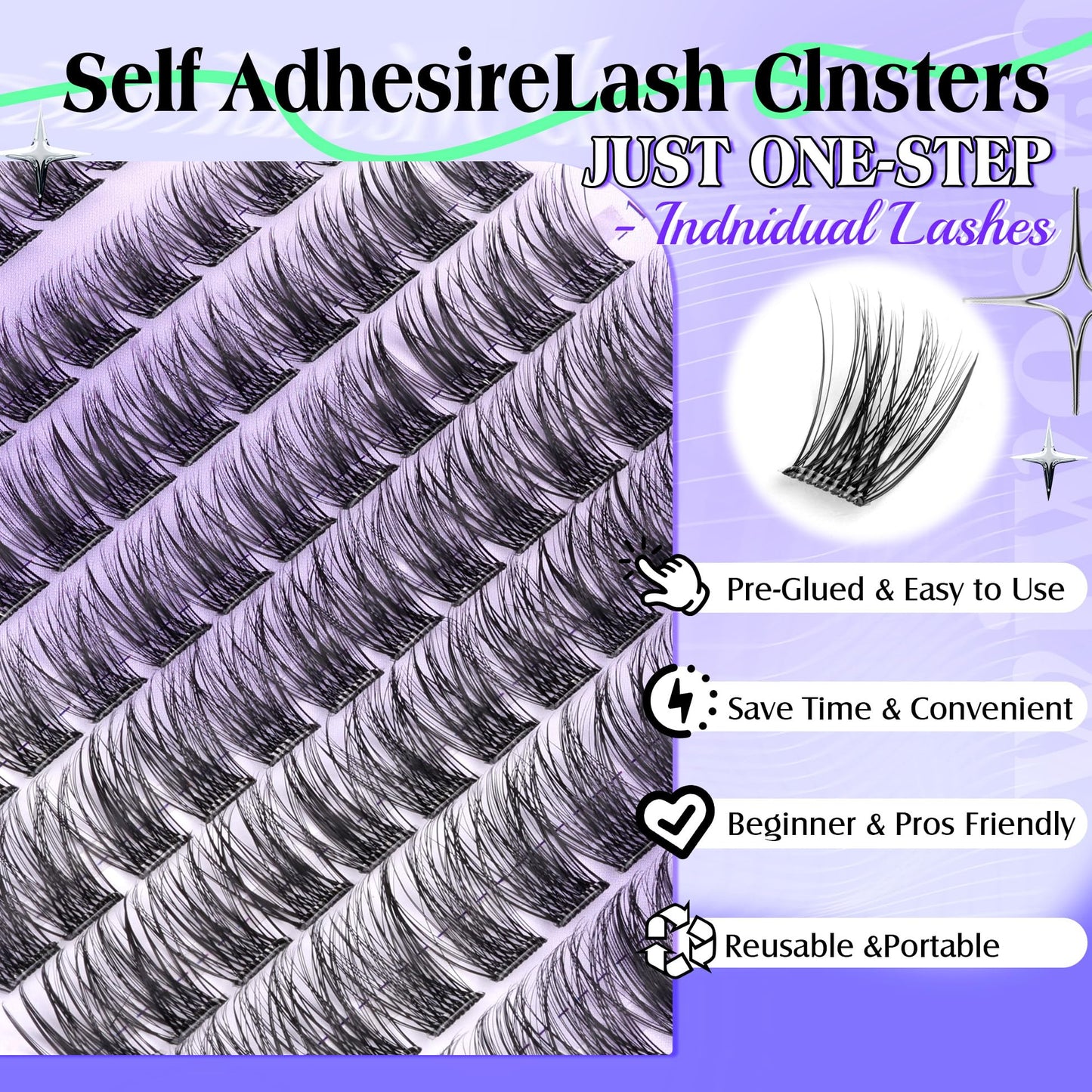 wiwoseo Self Adhesive Lashes Clear Band Lashes Clusters No Glue Needed Self Adhesive Lash Clusters Pre Glued Eyelash Clusters Press on Lashes Resuable Eyelash Extensions without Glue