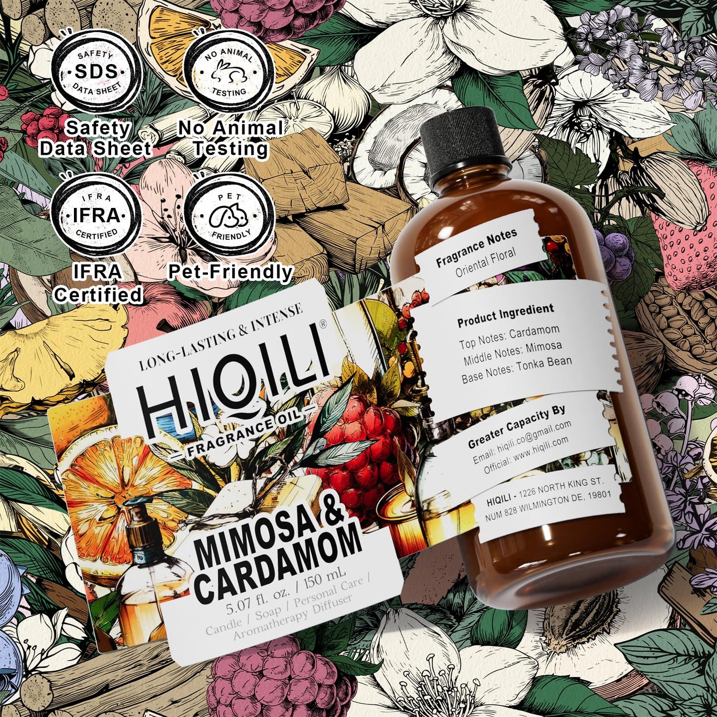 HIQILI Mimosa & Cardamom Fragrance Oil for Candle & Soap Making,Ideal for Essential Oil Diffuser, DIY Perfume, Room Sprays - 5.07 Fl Oz