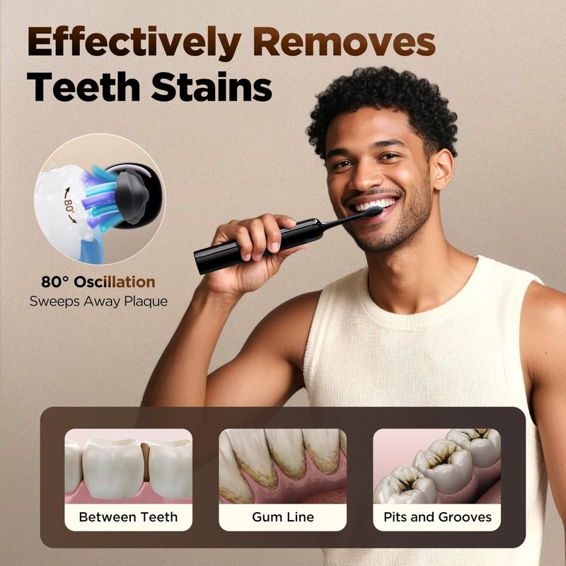 O.H.B Sonic Electric Toothbrush, Electronic 80° Wave Oscillation & Vibration Travel Sonic Toothbrush for Adults with 9 Modes, Timer, 2 Brush Heads, IPX8 Waterproof, Rechargeable, 60-Day Battery Life