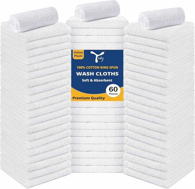 Cotton Washcloths - 60 Pack Premium 100% Ring Spun Cotton, Highly Absorbent Soft Face Cloths | 12x12 Inch, White
