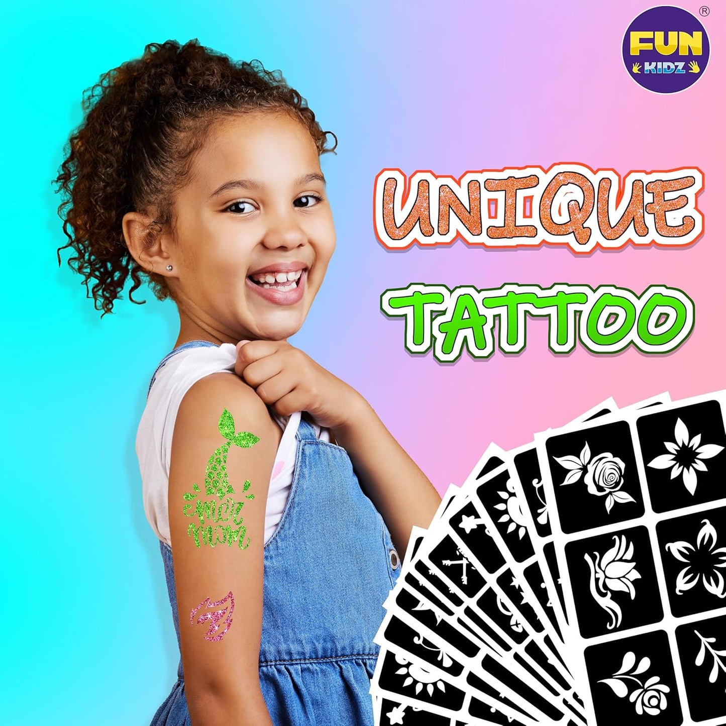 Tattoo Kit for Kids Ages 8-12 | FunKidz Sparkle Brush Body Art Markers & 106 Stencils