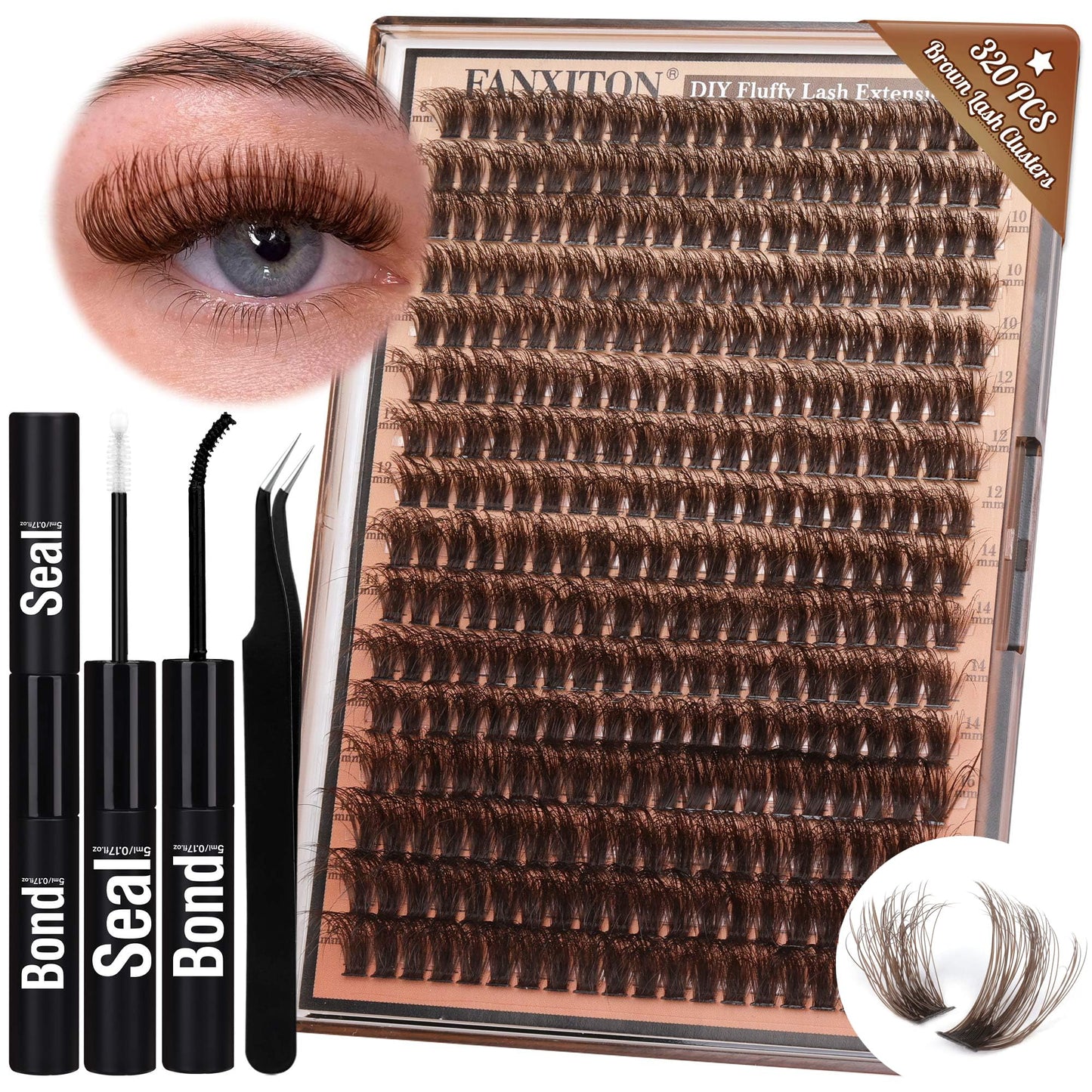 Brown Lash Clusters 320 Pcs Lash Extension Kit DIY Eyelash Extensions Kit Natural Look Cluster Lashes D 8-16 MM Mixed Lash Bond and Seal Lash Tweezers for Lash Clusters Kit DIY at Home