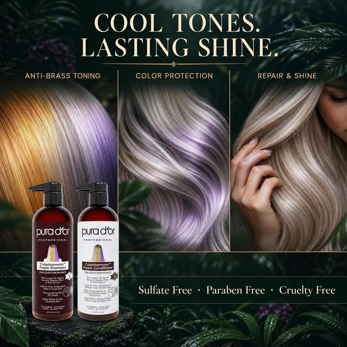PURA D'OR Purple Shampoo & Conditioner (16oz x 2) ColorHarmony Biotin Set For Bleached, Blonde, Silver & Color Treated Hair - Keratin, Bamboo Fiber, No Sulfates - Men & Women