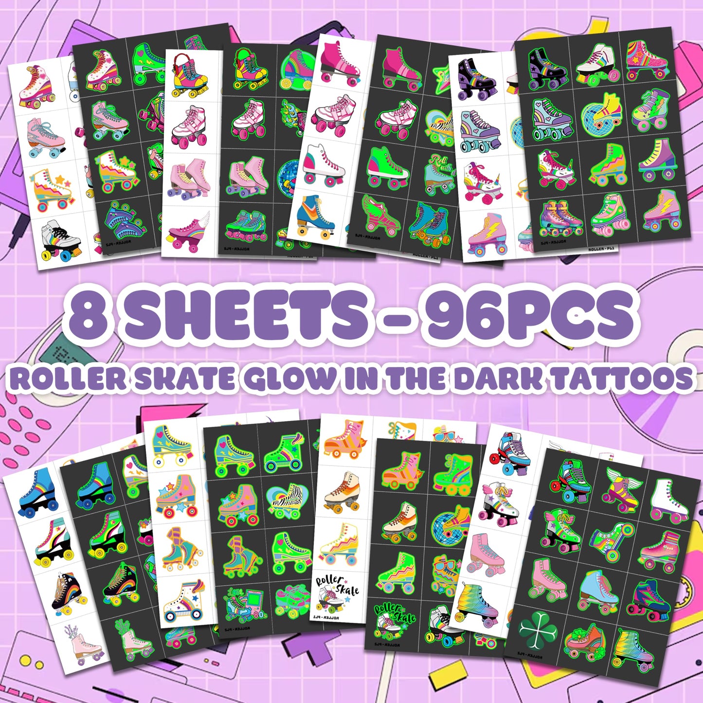 96 PCS Roller Skate Skating Pre-Cut Luminous Temporary Tattoos Themed Birthday Party Favors Decorations Supplies Decor Retro 80s 90s Disco Glow In The Dark Tattoo Stickers Gifts For Boys Girls Class