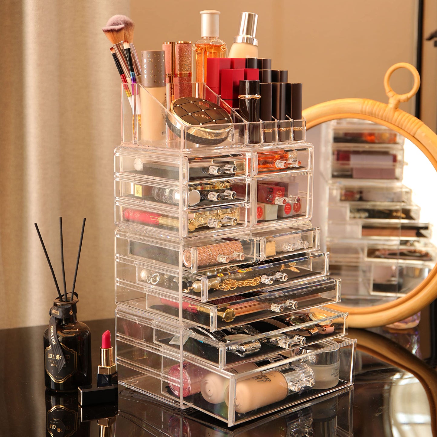 Cq acrylic 3 Pack Clear Make up Organizer Countertop,Stackable 7 Drawers Makeup Storage,Cute Vanity Organizers for dresser Hair Clip,Jewelry,Beauty Product Desk and Bathroom Organizers and Storage