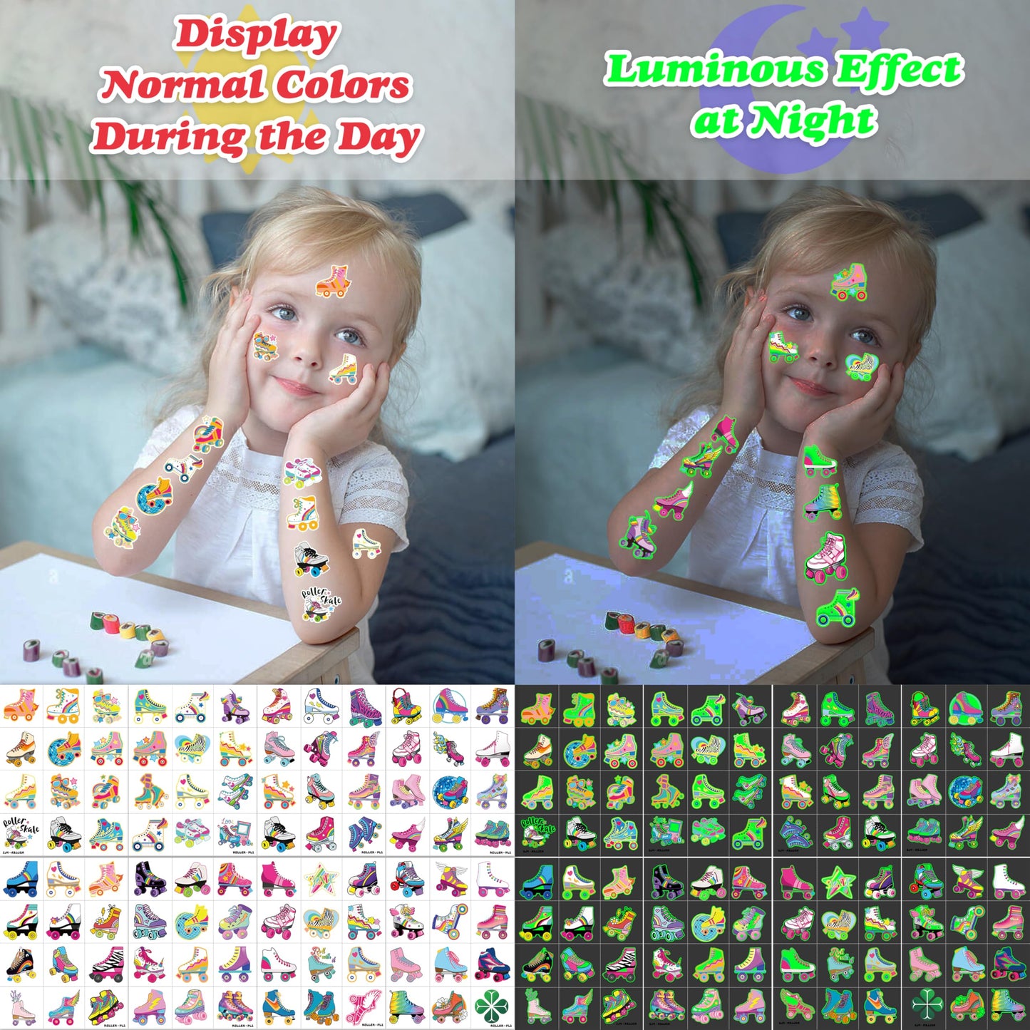 96 PCS Roller Skate Skating Pre-Cut Luminous Temporary Tattoos Themed Birthday Party Favors Decorations Supplies Decor Retro 80s 90s Disco Glow In The Dark Tattoo Stickers Gifts For Boys Girls Class