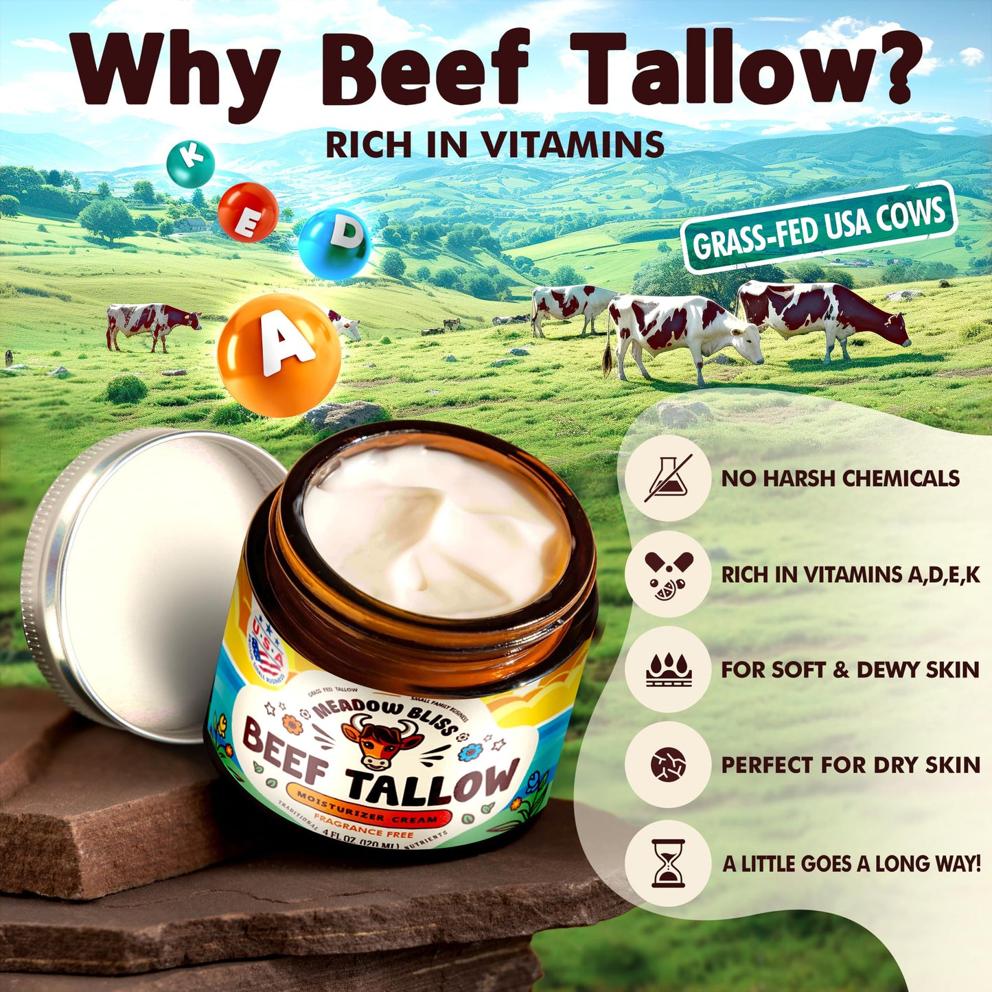 Meadow Bliss Beef Tallow for Skin - Moisturizer Cream - 100% Grass Fed - Whipped Beef Tallow - Manuka Honey - Organic Jojoba Oil, Shea Butter - Supports Eczema, Rosacea - USA - Citrus Breeze - 4 oz
