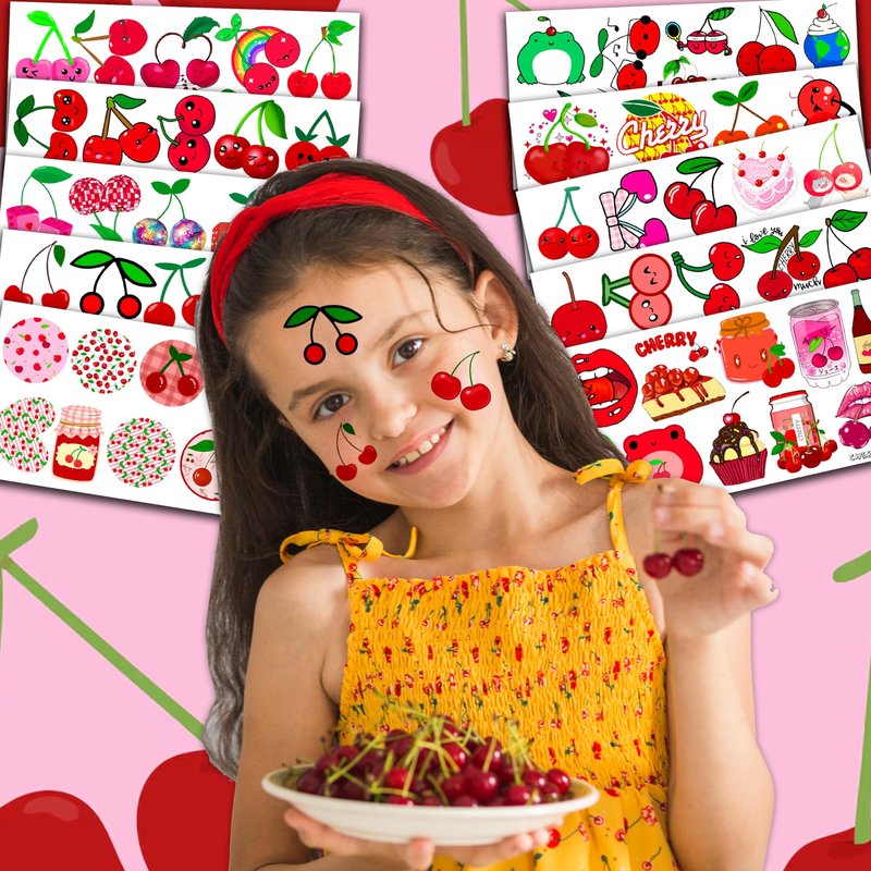 Generic 96 PCS Cute Cherry Tattoos Stickers Themed Fruit Birthday Party Decorations Supplies Favors Cherries Decor Cherry Print Gifts for Girls Boys School Classroom Prizes Rewards, Red