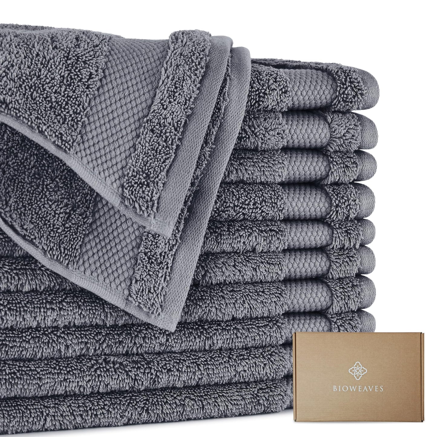 BIOWEAVES 100% Organic Cotton 700 GSM Plush Washcloths 13" x 13" GOTS Certified - Charcoal, Pack of 12