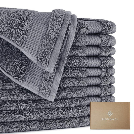 BIOWEAVES 100% Organic Cotton 700 GSM Plush Washcloths 13" x 13" GOTS Certified - Charcoal, Pack of 12