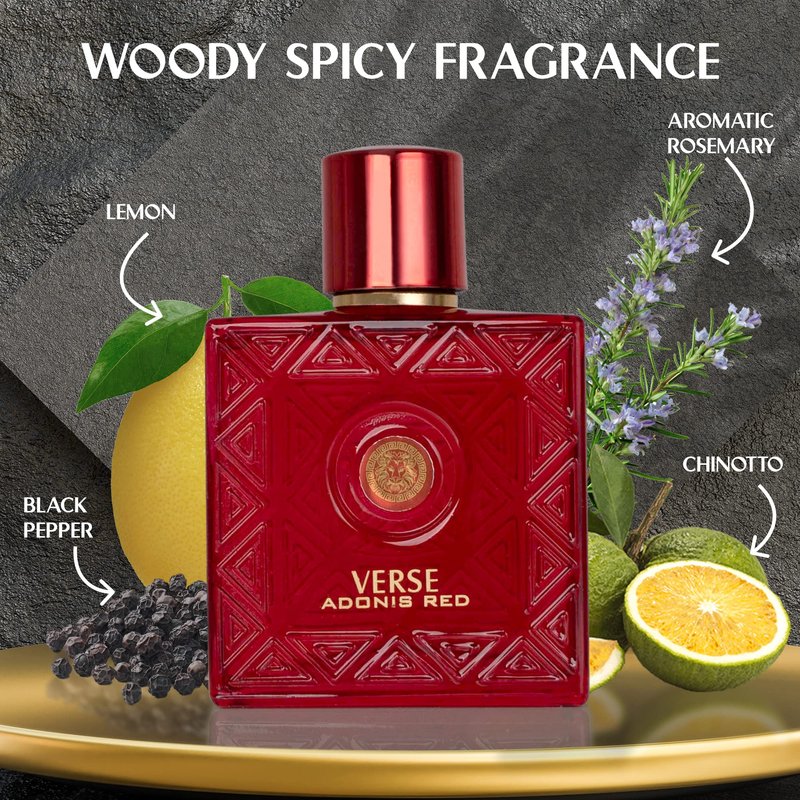 Verse Adonis Red for Men - 100ml Eau De Parfum Spray - Fruity Warm & Floral Fragrance Smell Fresh All Day Long Lasting Includes NovoGlow Carrying Pouch Gift for All Occasions